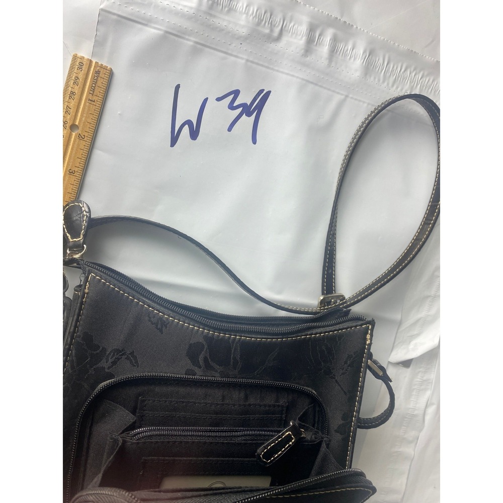 Liz Claiborne Black Jacquard Floral Crossbody Shoulder Bag Zip Pockets